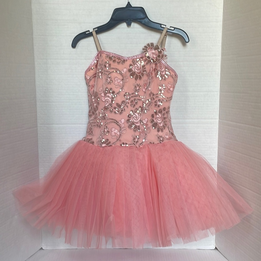 Dance Costume Girls Peach Pink Tulle Sequin